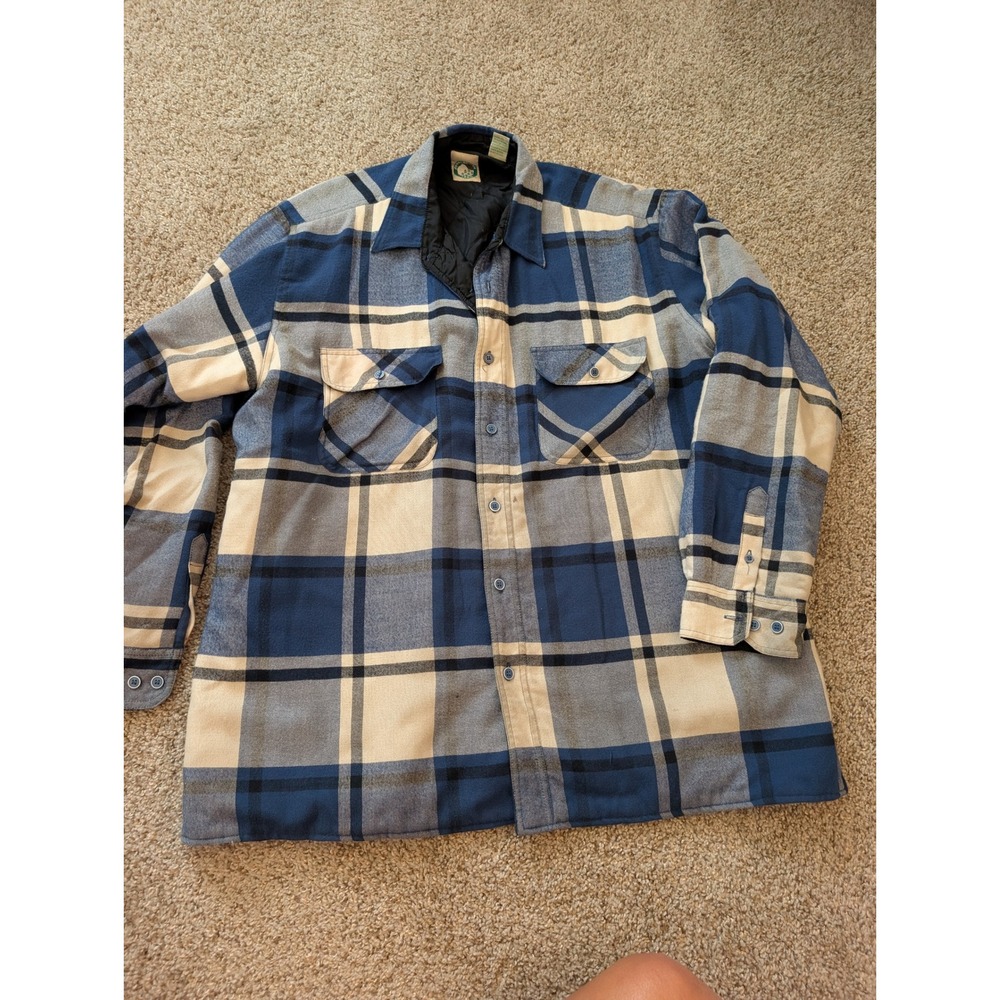 Appalachian Trail Mens XL Quilted Lined Flannel Shirt Jacket Blue Plaid Pockets